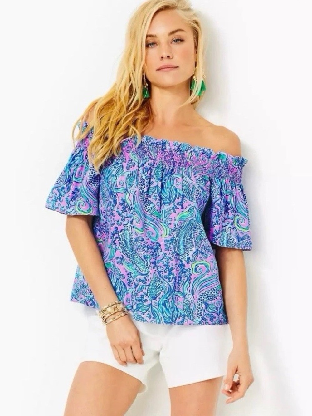 NEW Lilly Pulitzer Leanne Off Shoulder Linen Lilac Rose We Mermaid It Print XXS